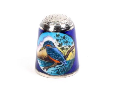 A silver and enamel thimble by Peter Swingler the blue enamel ground with two ovals each of a Kingfisher on a branch, marked 