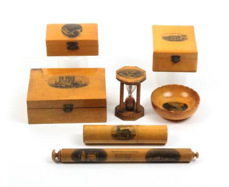 Mauchline ware - seven pieces comprising a rectangular box (Lincoln Cath. From The North West) end detached, 13cm, another (P