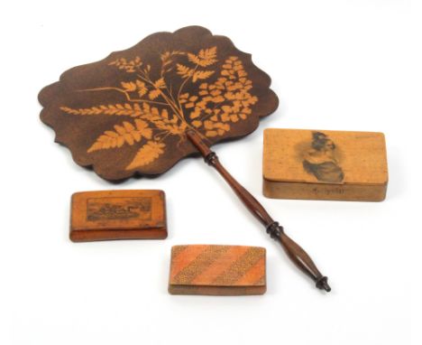 Two Scottish snuff boxes and two other pieces comprising a curved lid example the lid with a printed panel of a gun dog, base
