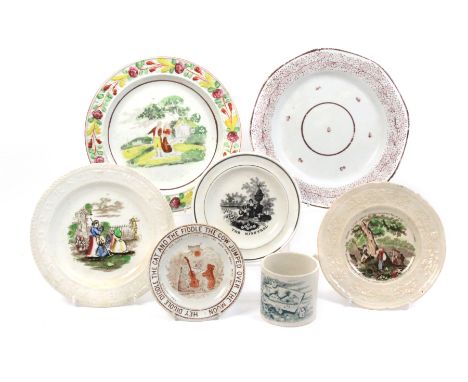Five children's pottery nursery plates and a mug including Hey Diddle Diddle, The Minstrel, Handle your tools without mittens