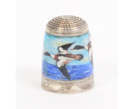 A silver and enamel thimble by Peter Swingler depicting ducks in flight, initialled 'PS', makers mark only for James Swann an