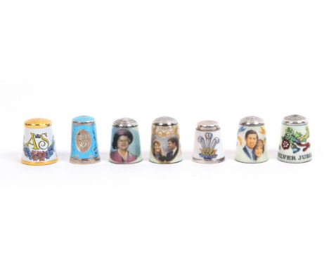 Seven English royal commemorative thimbles comprising five enamels including examples by James Swann and Son, Queen Mother's 