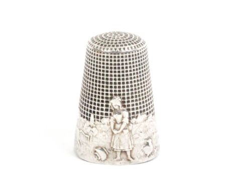 A French fairy tale thimble, the girl with the broken pitcher in a farmyard