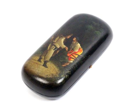 A Russian papier mache cheroot case of rounded end rectangular form painted with a scene of a young woman climbing a gate to 