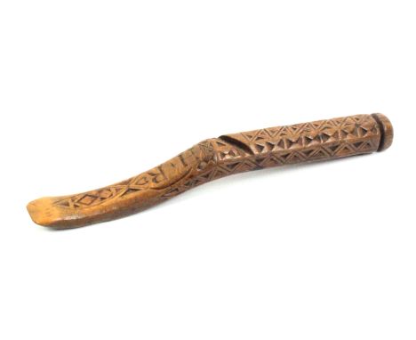 An early 19th Century chip carved fruitwood knitting stick, probably Welsh, inscribed 'H + R', 16cm