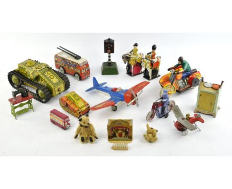 A Wells - Brimtoy, Tinplate Wind-up 131 Trolley Bus with fixed key, 20cm, a MAR Toys clockwork 'Army' tank, 26cm, a Hubley Ki