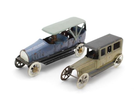 A Kellermann German tinplate penny toy, a sedan car, blue painted with grey roof, 12cm wide and one further, smaller sedan ca