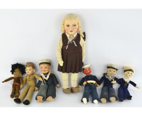A Lenci type stuffed doll depicting a young girl with blonde pig tails in a brown felt dress, 42cm, three Norah Welling's dol
