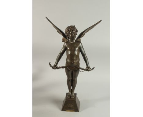 AUGUSTE MOREAU. A GOOD 19TH CENTURY BRONZE OF A WINGED CUPID holding a bow "VICI" Salon 1897. 61cms high