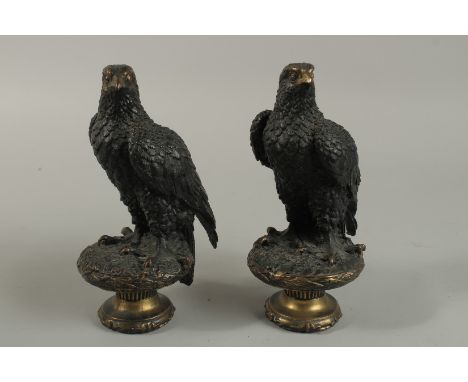 A GOOD PAIR OF BRONZE EAGLES. 23cm high.