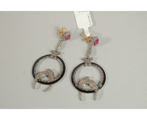 A GOOD PAIR OF 14CT GOLD DIAMOND AND RUBY CIRCULAR BIRD EARRINGS.