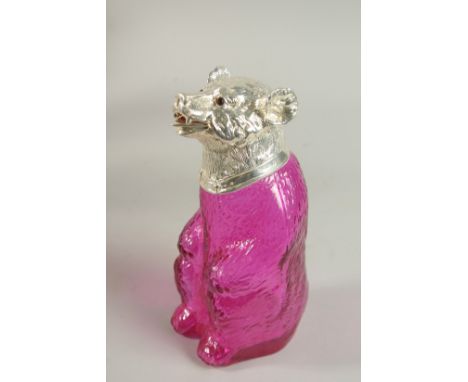 A RUBY GLASS NOVELTY CLARET JUG with silver plated bear's head and handle. 23cm high.