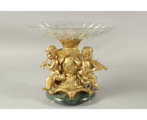 A BRONZE AND GILT BRONZE CHERUB SHELL BOWL with cut glass bowl and marble base. 27cms high x 30cms diameter.