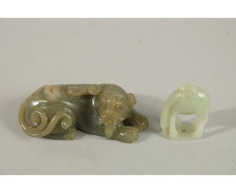 A CHINSES CARVED JADE DOG OF FOE. 10cm high AND A HORSE,5cm high. (2)