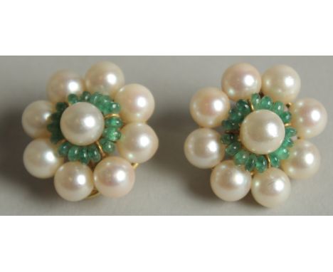A PAIR OF 18CT GOLD, PEARL AND EMERALD EARRINGS.