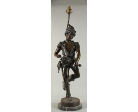 JEAN BIDIER DEBUC A LARGE BRONZE OF A GIRL PLAYING A HURDY GURDY. Signed on a circular base, converted to a lamp. 72cm high.
