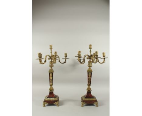 A LARGE PAIR OF 19TH CENTURY ROSEWOOD AND GILT METAL SIX LIGHT CANDELABRA on square bases. 63cms high.