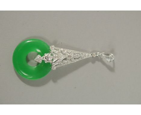 A SILVER JADE AND CZ DECO STYLE PENDANT.