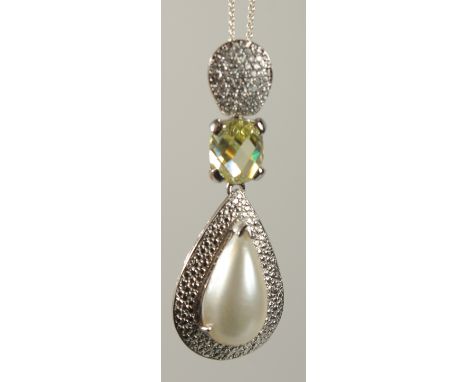 A .925 SILVER AND PEARL PENDANT AND CHAIN.