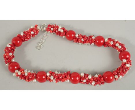 A SILVER CORAL AND PEARL NECKLACE.