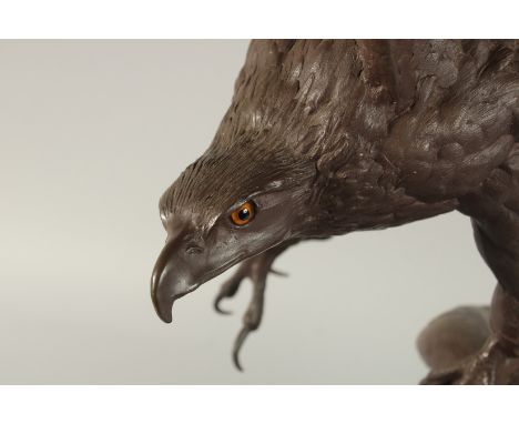 JULES MOIGNIEZ(1835 - 1894) FRENCH A SUPERB BRONZE OF A EAGLE ON A BRANCH. Signed 77cm high, on a circular marble base.