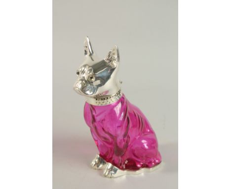 A RUBY GLASS NOVELTY CLARET JUG with silver plated dogs head and handle. 21cm high.