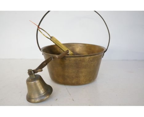 Brass jam pan, brass bell & brass thermometer