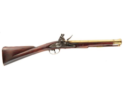 A FLINTLOCK BRASS BARRELLED MILITARY OR NAVAL BLUNDERBUSS, 15.5inch four-stage barrel with ring turned flared muzzle, border 