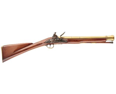 A FLINTLOCK BRASS BARRELLED BLUNDERBUSS BY WILSON, 16inch four-stage barrel with ring turned flared muzzle engraved LONDON, b