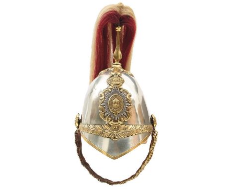 A SHROPSHIRE IMPERIAL YEOMANRY CAVALRY TROOPER'S HELMET, the white metal skull with brass trim to include laurel wreath head 