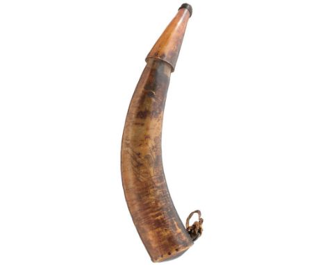 AN 18TH CENTURY POWDER HORN OF AMERICAN INTEREST, the 43cm body finely decorated with a map of the Connecticut River, the lef