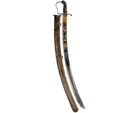 A 1796 PATTERN LIGHT CAVALRY OFFICER'S SABRE, 83cm curved blade decorated with scrolling foliage, stands of arms, Royal arms,