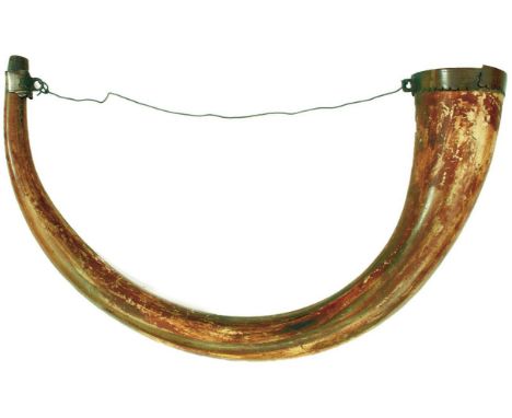 A LARGE RARE LIGHT INFANTRY HORN, the copper rim stamped S*C 1777, plain body tapering to the mouthpiece, later white metal m