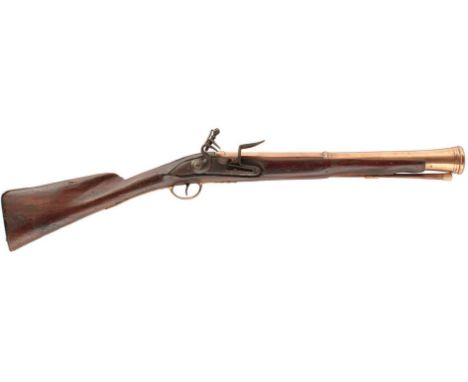 A FLINTLOCK BRASS BARRELLED BLUNDERBUSS, 18inch two-stage barrel with ring turned flared muzzle, bevelled lock, patinated, fu