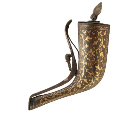 A LATE 18TH CENTURY OTTOMAN PRIMING FLASK, 13cm over all length with characteristic scrolling sprung top mounted with a pierc