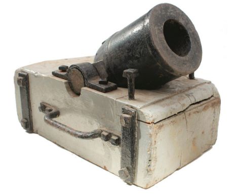 A COEHORN MORTAR AND CARRIAGE, 11.5inch black painted barrel of approximately 3.5inch bore, the breech area bearing the shot 