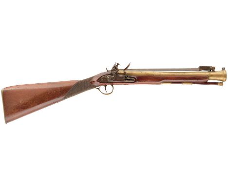 A FLINTLOCK BLUNDERBUSS BY BARBER &amp; BOALER, 14.5inch two-stage brass barrel with ring turned flared muzzle, engraved NEWA
