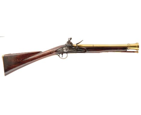 A FLINTLOCK BRASS BARRELLED BLUNDERBUSS BY JOYNER, 14.25inch three-stage barrel with ring turned and flared muzzle signed JOY