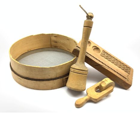 Late 19th century softwood Pastry mould stamped 'Pastry' L25cm, together with a wooden roller butter mould, carved with leave