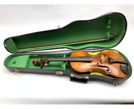 Early 20th Century violin inscribed R Jensen, East Rand, Transvaal, No.1 May 1910, length of back 37cm together with a bow wi