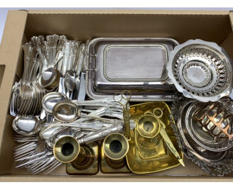 Kings pattern silver-plated cutlery set, six settings plus extras, 19th century brass chamber stick, silver-plated entree dis