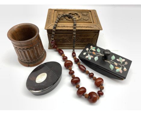 Fruitwood treen mug with fluted decoration H11cm, Georgian oval snuff box, slate blotter, Chinese beads and box - Condition R