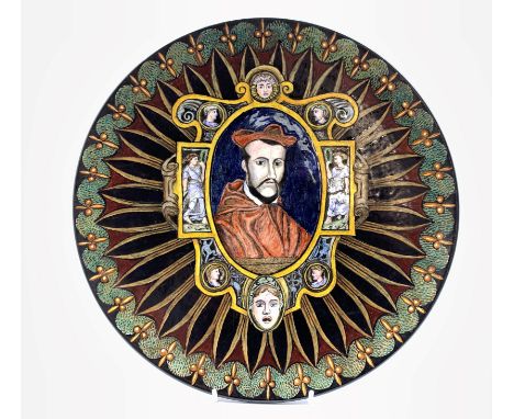 Limoges enamel style porcelain plate, hand-painted with a titled portrait of Charles de Guise after Leonard Limosin, D32cm  -