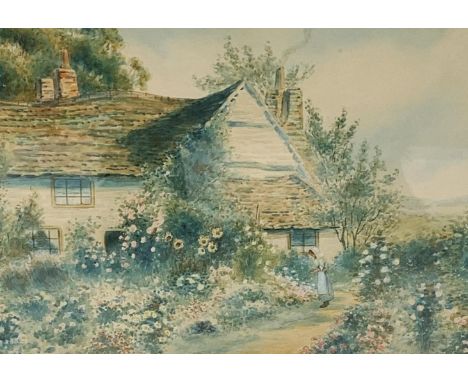 C K Mason girl in the garden of a country cottage, watercolour, signed, 21cm x 30cm - Condition Report 