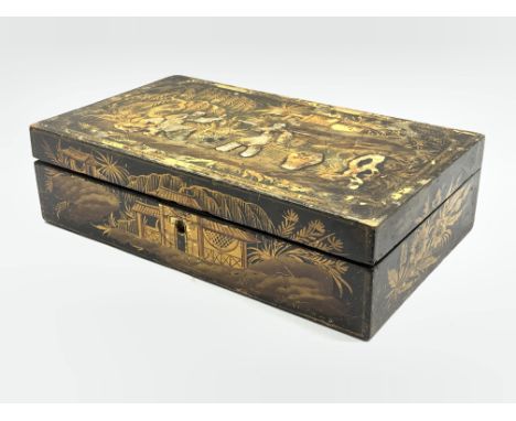 Queen Anne design Chinoiserie lacquer playing card box, L30cm - Condition Report 