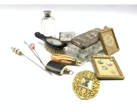 Glass dressing table box with embossed silver cover Birmingham 1905, three hatpins, pair of small brass frames, prayer book w