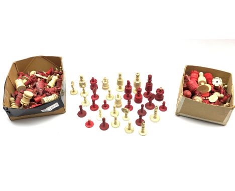 Collection of 19th century turned ivory and bone chess pieces in plain and red stained, incomplete sets - Condition Report 