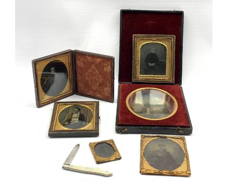 Victorian cased daguerreotype of a lady and child, five other Victorian daguerreotypes together with George V silver bladed f