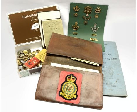 Number of military badges and buttons, photographs, Admiralty Book of Instructions for Lantern, Signalling 1941and a leather 