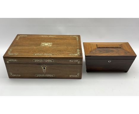 Victorian rosewood table writing box with mother of pearl inlay W40cm and a mid 19th Century rosewood sarcophagus shape tea c